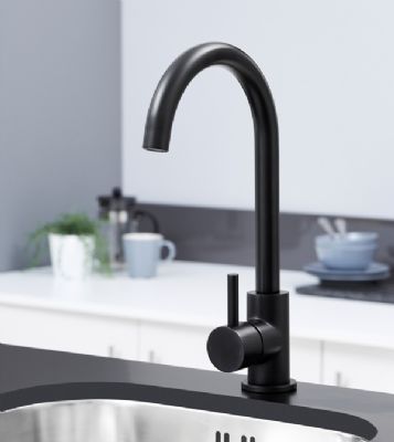 EVO ELERA MATT BLACK MONO SINGLE LEVER SIDE ACTION SWAN NECK KITCHEN SINK MIXER TAP with SWIVEL SPOUT, KTAP006BLK EVO ELERA MATT BLACK MONO SINGLE LEVER SIDE ACTION SWAN NECK KITCHEN SINK MIXER TAP with SWIVEL SPOUT, KTAP006BLK